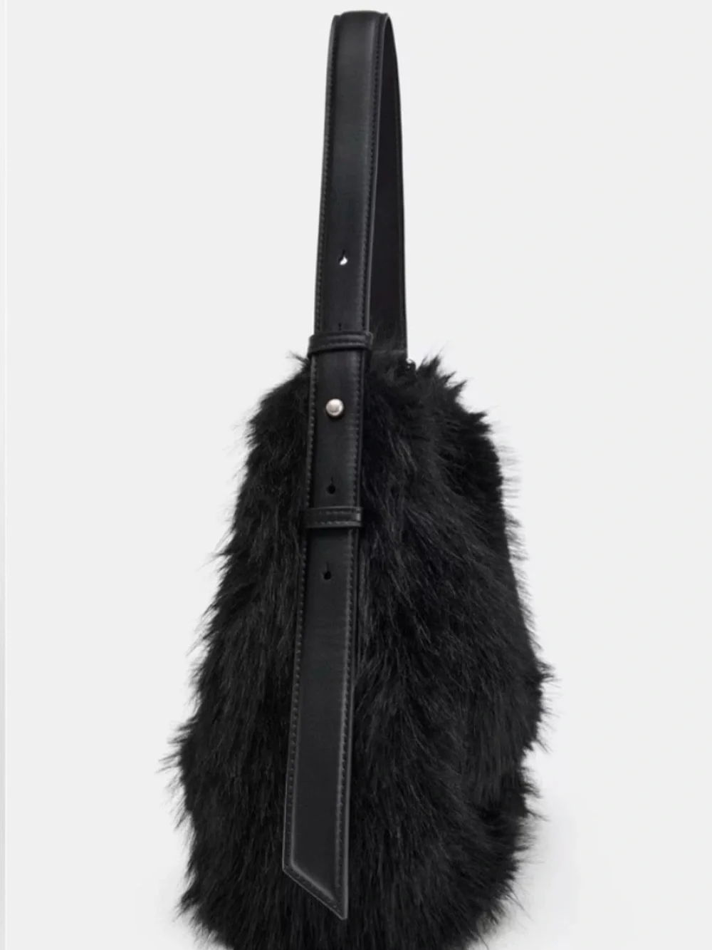 Zara Black Faux-Fur Hobo Bag with Adjustable Strap
